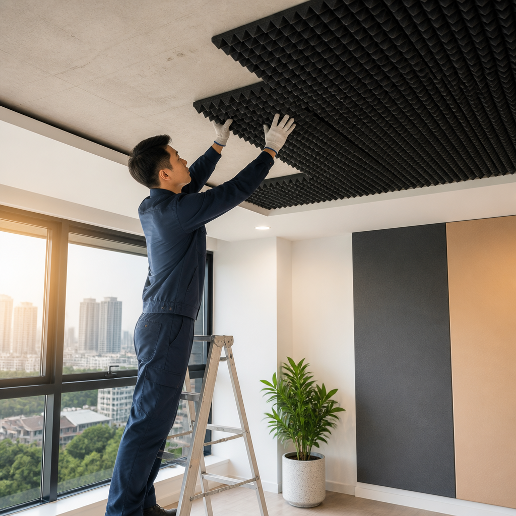 Thợ thi công đang lắp đặt tấm mốp xốp cách âm lên trần nhà