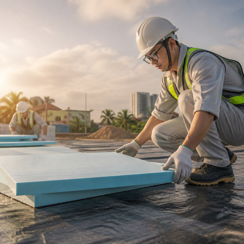Công nhân lắp đặt tấm xốp XPS cách nhiệt trong công trình