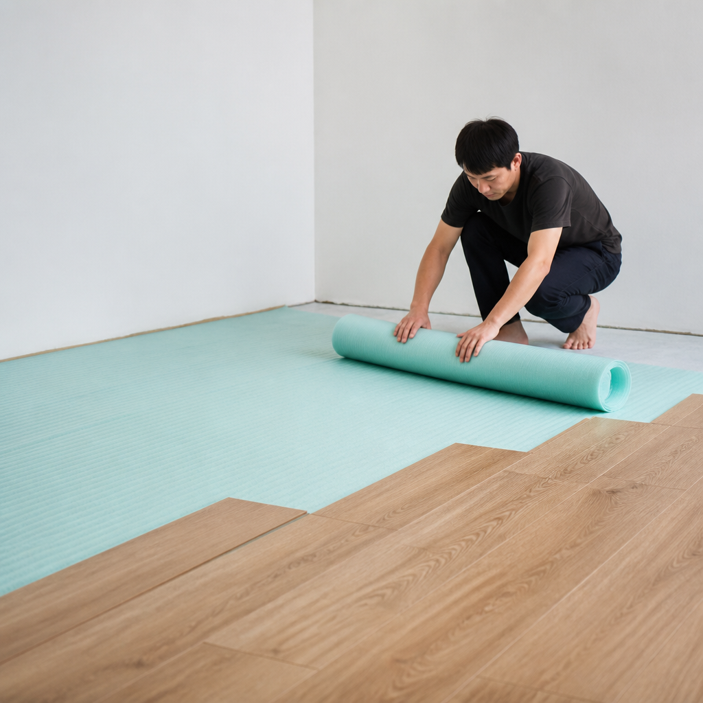 Tấm xốp lót sàn gỗ được trải đều trên bề mặt nền trước khi lắp đặt sàn gỗ
