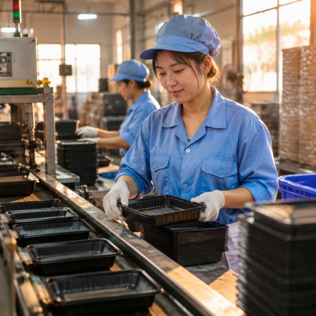 Dây chuyền sản xuất khay xốp đen đảm bảo tiêu chuẩn an toàn thực phẩm.