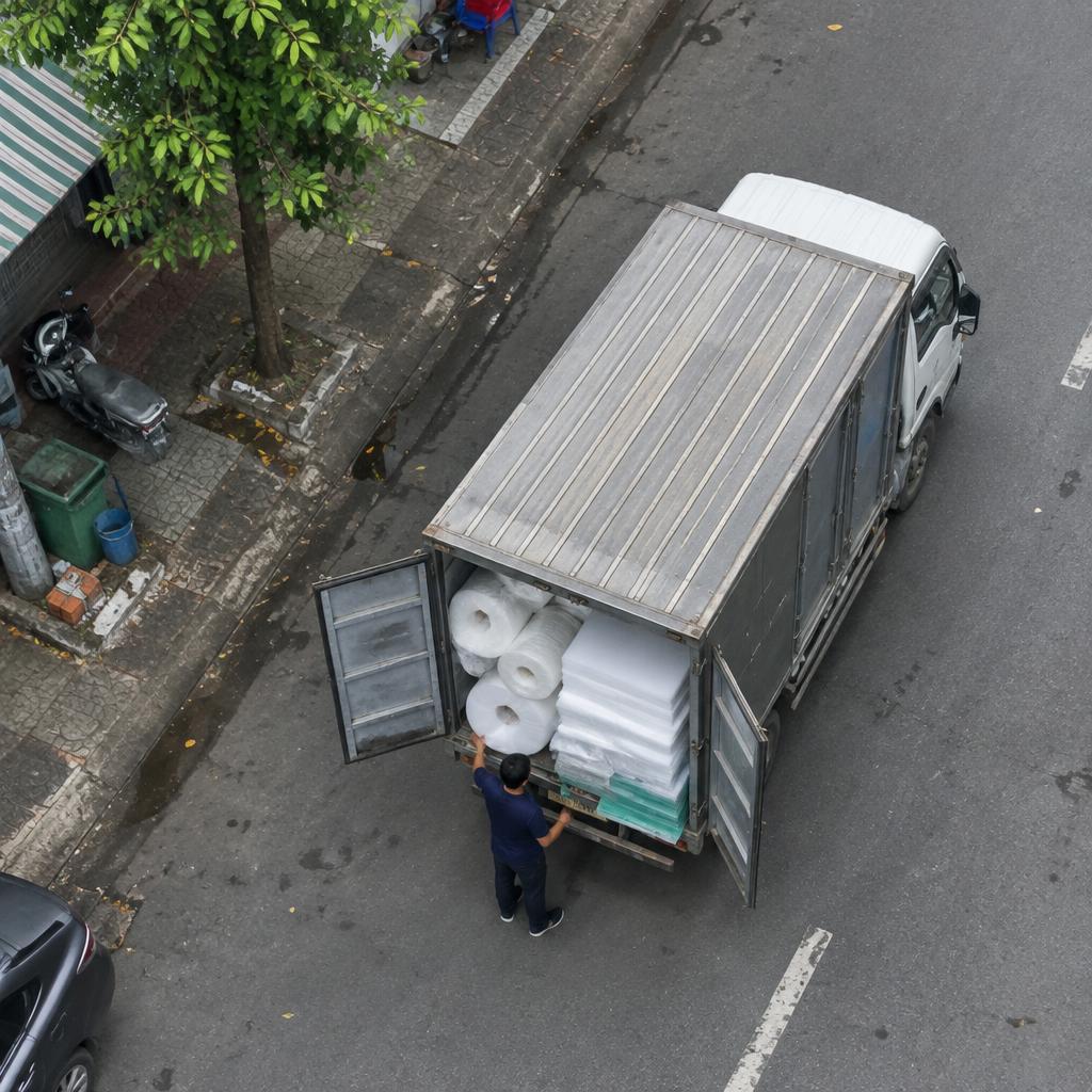 Xe tải vận chuyển sản phẩm mốp xốp đến khách hàng tại TPHCM
