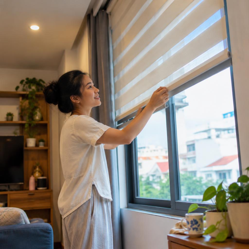 Cửa sổ được trang bị rèm dày, giúp tối ưu giải pháp cách nhiệt nhà ở TPHCM