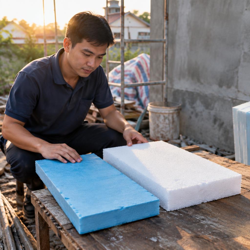 So sánh các loại vật liệu cách nhiệt như XPS và EPS trên bàn.