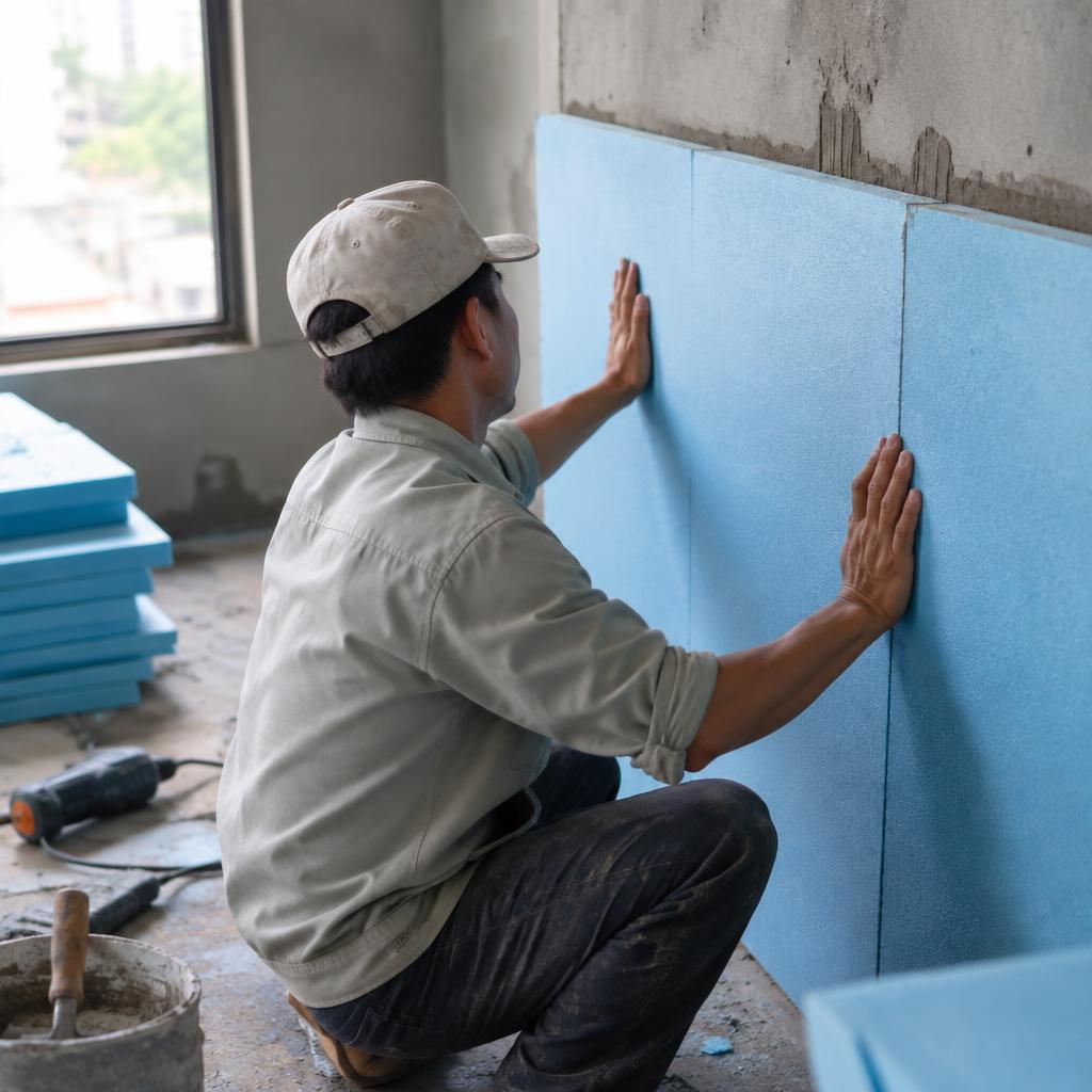 Một công nhân đang cẩn thận lắp đặt các tấm XPS màu xanh lên tường để cách nhiệt.
