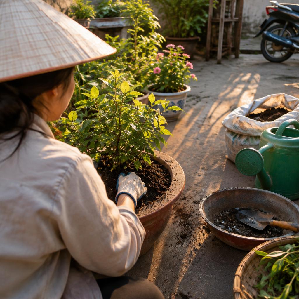 Dụng cụ làm vườn cơ bản bao gồm xẻng, bình tưới và hạt giống