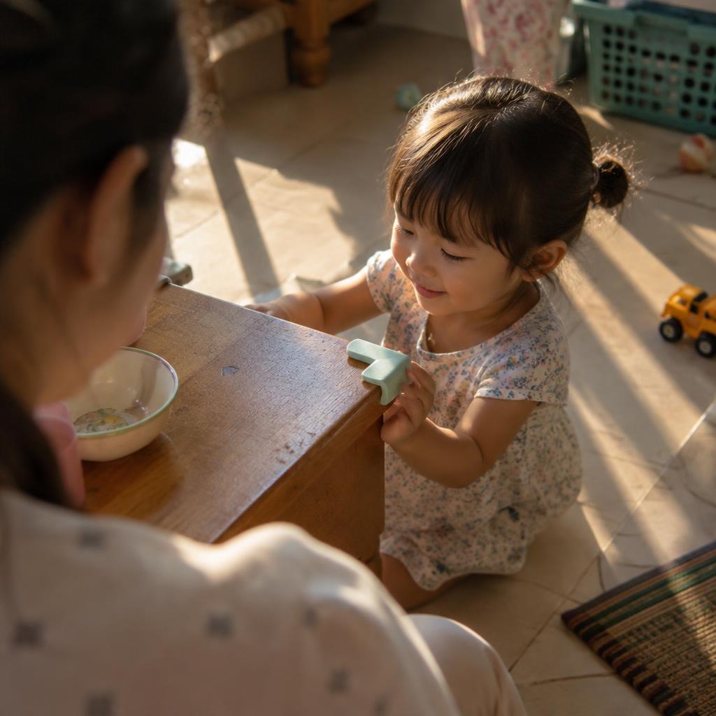 Hình ảnh một em bé đang chơi đùa cạnh bàn có gắn xốp bọc cạnh bàn an toàn