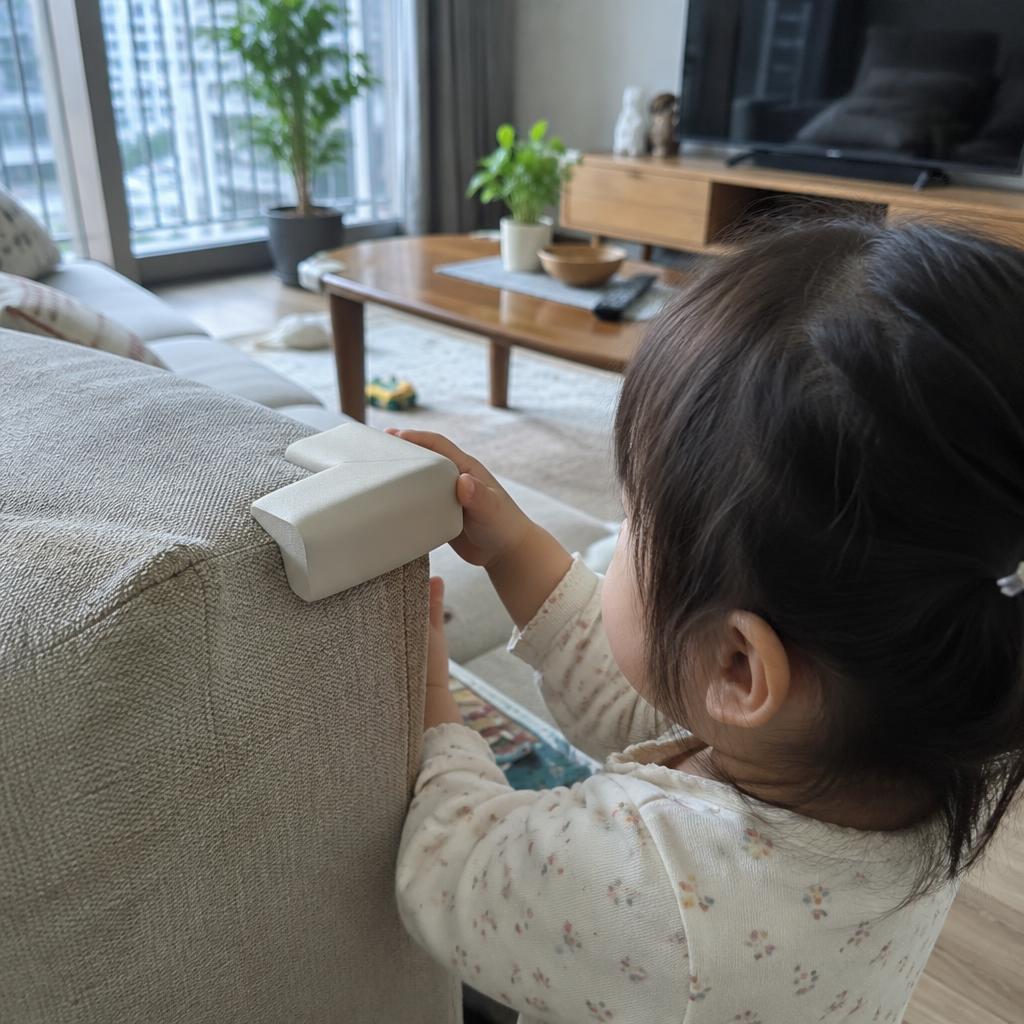 Một phòng khách hiện đại với các góc bàn được bọc xốp bảo vệ một cách tinh tế